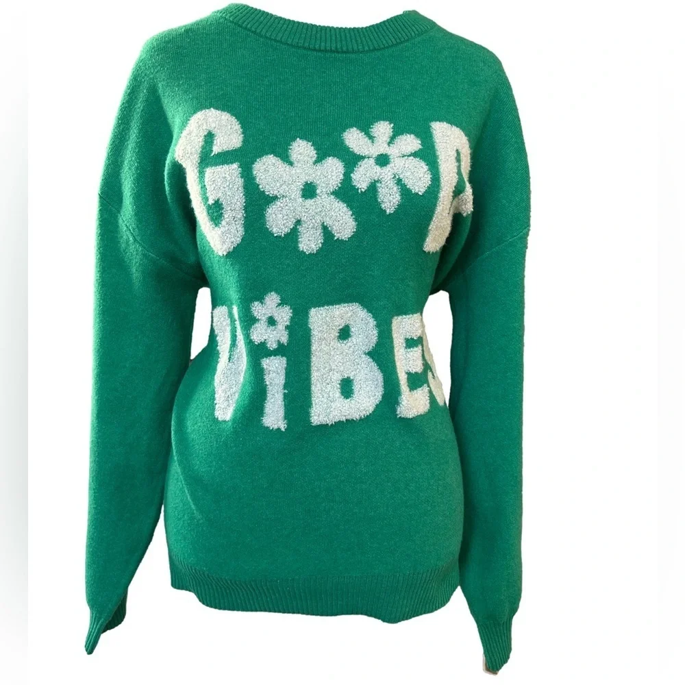 Pink Rose Good Vibes Knit Sweater Kelly green Graphic Oversized Slouchy retro S